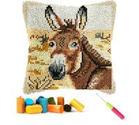 CCWORAN Latch Hook Kits Cushion Covers Craft for Adults Beginners Kids Making Crochet Pre Printed Canvas Wool Yarn Hobbies DIY Sofa Home Decor Women Gift Donkey 4