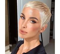 ccXrC Short Pixie Cut Wigs for White Women with Bangs Natural Wavy Synthetic Hair Wigs Heat Resistant Fiber Hair Replacement Wig