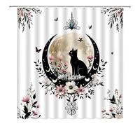 CCXTCZ Boho Cat Shower Curtain Gothic Moon Phase Floral Witchy Mystic Wildflower Aesthetic Fabric Bathroom Decor Curtains with Hooks,Black White