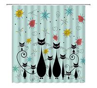 CCXTCZ Mid Century Modern Shower Curtain Atomic Cat Diamonds Iconic Sputnik Black Kitten Retro Abstract Vintage Geometric 1950s 1960s Fabric Bathroom Decor Curtains with Hooks,Teal Black