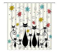 CCXTCZ Mid Century Modern Shower Curtain Atomic Cat Starbursts Diamonds Iconic Sputnik Black Kitten Retro Abstract Vintage Geometric 1950s 1960s Fabric Bathroom Decor Curtains with Hooks,Beige Black