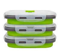 CCyanzi 3piece Collapsible Food Storage Containers with Lids, Silicone Lunch Container, Microwave & Freezer Safe, Space Saving for Kitchen Cabinet and Camping Backpack,(green gray)
