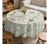 CCZM Bird Flower Branch Wipeable Tablecloths Round 130cm, Oriental Floral Table Cloth, Waterproof Polyester Fabric Table Cover, Zen Nature Decorations for Sommer Spring, H-370