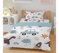 CCZM Cartoon Dinosaur Bedding - Single Duvet Cover Set, Car Rocket Reversible Bedding Set, Soft Microfibre Quilt Cover and 2 Pillowcases, Cute Sun Nursery Bed Sets, F-507