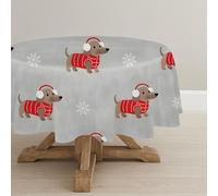 CCZM Dachshund Wipeable Tablecloths Round 140cm, Snowflakes Table Cloth, Waterproof Polyester Fabric Table Cover, Pet Themed Decorations for Sommer Spring, G-150