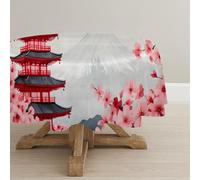 CCZM Japanese Pagoda Wipeable Tablecloths Round 150cm, Mount Fuji Table Cloth, Waterproof Polyester Fabric Table Cover, Cherry Blossom Decorations for Sommer Spring, G-110