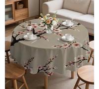 CCZM Peach Blossom Wipeable Tablecloths Round 130cm, Oriental Botanical Table Cloth, Waterproof Polyester Fabric Table Cover, Vintage Spring Decorations for Sommer Spring, H-360