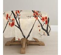 CCZM Red Plum Branch Wipeable Tablecloths Round 130cm, Asian Floral Table Cloth, Waterproof Polyester Fabric Table Cover, Cherry Blossom Decorations for Sommer Spring, G-130