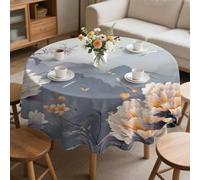 CCZM Round Table Cloth 160cm, Peony Mountain Polyester Fabric Wipeable Tablecloths, Water Resistant Table Cover, Sommer Spring Oriental Floral Nature Zen Decoration, H-351