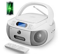 CD Cassette Player Combo, Hernpark Rechargeable Boombox with Bluetooth 5.1, CD Player with Remote Control, Tape Recording, FM Radio, Super Bass, Stereo Sound, Aux/USB Drive, Headphones Jack -White