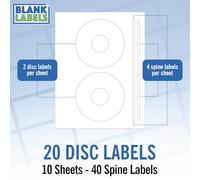 CD/DVD Label Full Face | Qty 20 Disc, 40 Spine | 10 Sheets Total | Permanent White Matte | Compatible with Inkjet and Laser Printer | Blank Labels