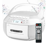 CD Player Boombox Cassette Player Combo with BT, AM/FM Radio, Stereo Sound with Remote Control, AUX/USB Drive, Tape Recording, AC/DC Powered, Headphone Jack, LCD Display for Home, Kids,White