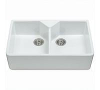 Cda Kc1 Gloss White 2-Bowl Ceramic Belfast Kitchen Sink With 90mm Basket Strainers