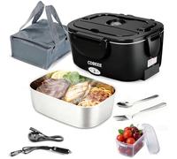 CDBEEE Electric Lunch Box Food Heater - 80W Fast Heating, 1.5L Heated Lunch Box Leak-Proof 304 Stainless Steel Portable Food Warmer, (12V/24V Car/Truck & 230V Home), Ideal for Work/Travel（Black）