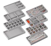 CDBOVID Set of 8 Stackable Jewelry Organizer Stackable Trays for Drawers,Jewelry Drawer Inserts Container Display Case Storage for Earring Necklace Rings Bracelet Watch with Removable Dividers-Grey