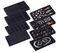 CDBOVID Set of 8 Stackable Jewelry Organizer Stackable Trays for Drawers,Jewelry Drawer Inserts Container Display Case Storage for Earring Necklace Rings Bracelet Watch with Removable Dividers-Black