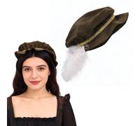 Cdecgo Medieval Tudor Cap Beret with Feather Renaissance Elizabethan Court Puffed Riding Hat for Women (A-Brown)