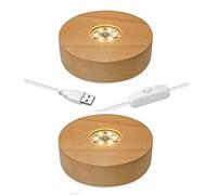 CDIYTOOL Wooden LED Light Base, 2 Pack Round LED Light Dispaly Base Plate Desktop Display Base Stand Ornament Powered by USB for Crystal Ball Jewelry Glass Resin Art Vase Acrylic