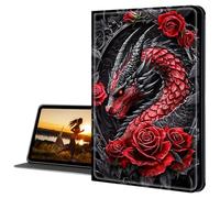 Cdkfxjy for Amazon Kindle Fire HD 10 Case 2019/2017 10.1 Inch Tablet Case Slim PU Leather Multi-Angle Fold Stand Smart Cover with Auto Sleep Awake Cover,Dragon with Red Roses