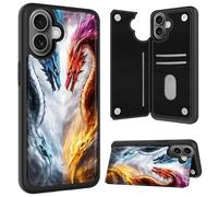 Cdkfxjy for iPhone 16 Plus Wallet Case with Card Holder Slot Folio FILP PU Leather Kickstand Double Magnetic Clasp Shockproof Protection Phone Case for 16 Plus,Blue Red Dragon