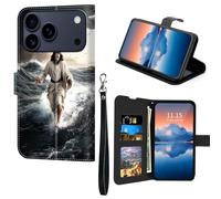 Cdkfxjy for iPhone 17 Pro Max Wallet Case, RFID Blocking, Card Holder Slot, PU Leather Shockproof, Magnetic Clasp Kickstand - Jesus Walking On Water