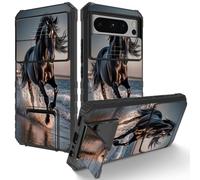 Cdkfxjy Phone Case for Google Pixel 8 Pro with Slide Camera Cover ＆ Bulid-in Adjustable Kickstand Dual Layer Shockproof Case for Pixel 8 Pro,Horse Running on Beach