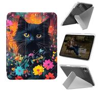 Cdkfxjy Tablet Case for iPad Pro 11 inch M4 2024 5th Gen - Folding Y-Shaped, Hard Transpatent Back, Mulit Angle Stand, Protective Cover with Pencil Holder - Black Cat in Flowers