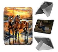 Cdkfxjy Tablet Case for iPad Pro 11 inch M4 2024 5th Gen - Folding Y-Shaped, Hard Transpatent Back, Mulit Angle Stand, Protective Cover with Pencil Holder - Two Brown Horses