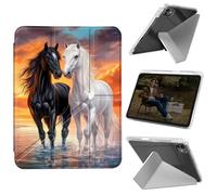 Cdkfxjy Tablet Case for iPad Pro 11 inch M4 2024 5th Gen - Folding Y-Shaped, Hard Transpatent Back, Mulit Angle Stand, Protective Cover with Pencil Holder - White Black Horses