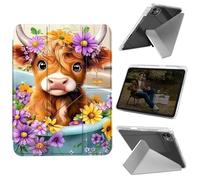 Cdkfxjy Tablet Case for iPad Pro 13 inch M4 2024 7th Gen - Folding Y-Shaped, Hard Transpatent Back, Mulit Angle Stand, Protective Cover with Pencil Holder - Highland Cow Flowers