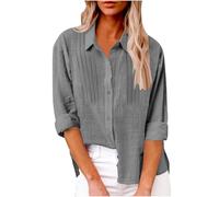 cdsidueoiy Linen Shirts for Women Trendy 2025 Button Down Long Sleeve Shirt Blouses Front Pleated Beach Vacation Clothes(Grey,3X-Large)