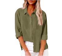 cdsidueoiy Linen Shirts for Women Trendy 2025 Button Down Long Sleeve Shirt Blouses Front Pleated Beach Vacation Clothes(Army Green,Medium)