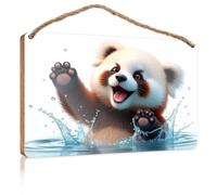 CDSS Quote Wood Plaque Red Panda Splashing In Water Wooden Sign Patio Decor Wooden Signs For Crafts(15X28CM)