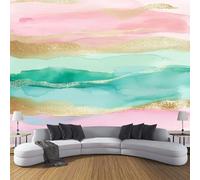 CDXNORA 3D Effect Photo Wallpaper Abstract Watercolor 400×280cm Mural Panoramic Wall Tapestry Gold Foil Stripes Large Panoramic Photo Wallpaper Mural Bedroom Eco-Friendly Decoration,Pink Green