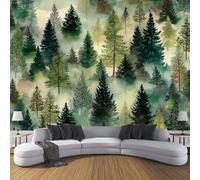 CDXNORA 3D Effect Photo Wallpaper Watercolor Forest 350×256cm Mural Panoramic Wall Tapestry Pine Large Panoramic Photo Wallpaper Mural Bedroom Eco-Friendly Decoration,Green