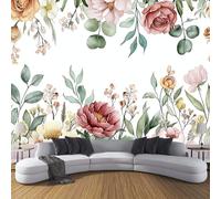 CDXNORA 3D Green Pink Photo Wallpaper,Watercolor Flowers Print silk Wall Mural Decoration Poster Picture Design Modern 350×256cm (W x H) Wildflowers By The Leaves Mural for Living Room Kids Bedroom