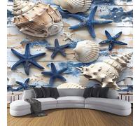 CDXNORA 3D Panoramic Custom Wallpaper Mural Marine Life Pattern,Blue White 350×256cm,Starfish Shells Wallpaper Mural, Living Room, Bedroom, Office Home Decoration