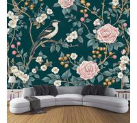 CDXNORA 3D Teal Photo Wallpaper,Retro Plants Print silk Wall Mural Decoration Poster Picture Design Modern 350×256cm (W x H) Flower Branch Bird Mural for Living Room Kids Bedroom