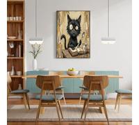 CDXNORA Black Cat Book Spoon Canvas Wall Art, Cartoon Fun Unframed Canvas Decorative Paintings, Brown Wall Art Poster Artwork for Living Room Hallway or Stairs Walls Decor 16X24in