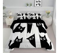 CDXNORA Black White Bedspread Double, Cute Black Cat Print Quilted Coverlet 3pcs for Adults Teens Room Decor, Simple Cartoon Soft Breathable Bedspreads Bedding for Bedroom Decor Quilt 200x200 cm