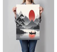 CDXNORA Canvas Wall Art for Home Decor, Chinese Ink Painting Poster Living Room Bedroom Office Wall Paintings, Mountains And Rivers Sun Print Pictures Waterproof Artwork Corridor Decoration 16x12in
