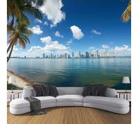 CDXNORA Cityscape 3D Effect Photo Wallpaper 350×256cm Tropical Island Coast Mural Panoramic Wall Blue Large Panoramic Photo Wallpaper for Living Room, Bedroom, Office and Kids Room