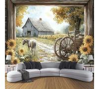 CDXNORA Countryside Farmhouse Panoramic Wallpaper Mural, 300×210cm Wall Poster Barn Sunflower Donkey Photo Wallpaper 3D Effect,Yellow Silk Mural - Poster Decoration for Bedroom Living Room Corridor