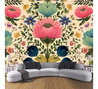 CDXNORA Cream Wall Wallpaper Mural Folk Art Flowers Patterned Premium Non-Woven Colored Flowers Wallpaper Mural for Bedroom Living Room Wall Modern 250x175cm Art Print Decoration