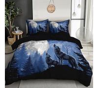 CDXNORA Double Reversible Duvet Cover Set with 2 Pillowcases, Super Soft Microfibre 3 Piece Wolves Howling The Moon Duvet Cover with Zipper Closure, Forests Wildlife Dark Blue Bedding Set 200x200 cm