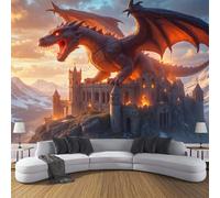 CDXNORA FantasyPhoto Wallpaper 350×256cm - Orange Wall Mural Deco Premium Silk Castle Dragon Print Wallpaper for Living Room - Home Decoration Bedroom Kitchen Wall Paper