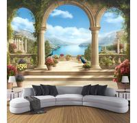 CDXNORA Garden Scenery 3D Effect Photo Wallpaper 350×256cm Terrace Lake View Mountain Mural Panoramic Wall Blue Brown Large Panoramic Photo Wallpaper for Living Room, Bedroom, Office and Kids Room