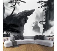 CDXNORA Ink Landscape Silk Wall Murals Wallpaper,Cloudy Mountain Pine Trees Wall Mural Decorative Wallpapers for Living Room TV Bedroom,350×256cm (W x H) Off-White Art Photo Wallpaper 3D Effect