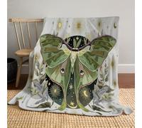 CDXNORA Mysterious Plants Blanket Throw for All Season, Soft Cozy Flannel Moth Star Moon Printed Blanket, Warm Fuzzy Green Blankets Throw for Bed Sofa Couch Bedroom Living Room 220x240 cm