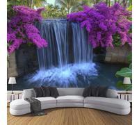 CDXNORA Natural Landscape 3D Effect Photo Wallpaper 350×256cm Waterfall Flowers Plants Mural Panoramic Wall Purple Green Large Panoramic Photo Wallpaper for Living Room, Office and Kids Room